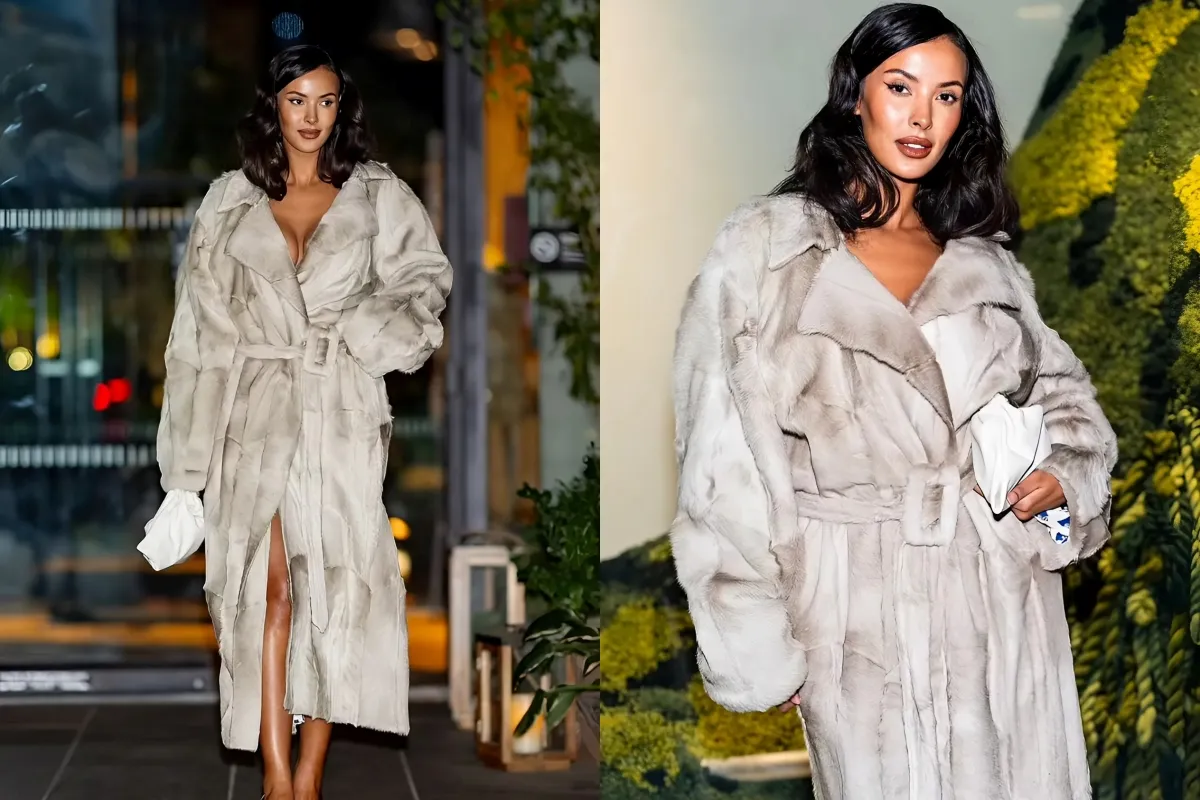 Maya Jama exudes glamour as she goes braless in a fur trench coat for the reopening of Burberry's 57th Street store in NYC ngocc