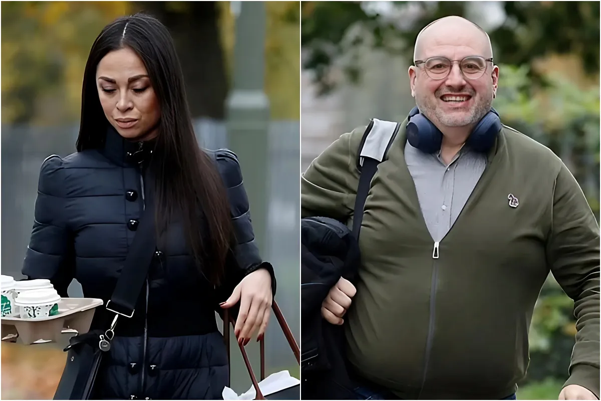 Strictly's Katya Jones looks downcast while Wynne Evans beams as they head to the studio for training after BBC bosses gave the duo an extra chaperone after his 'wandering hand' incident liennhi