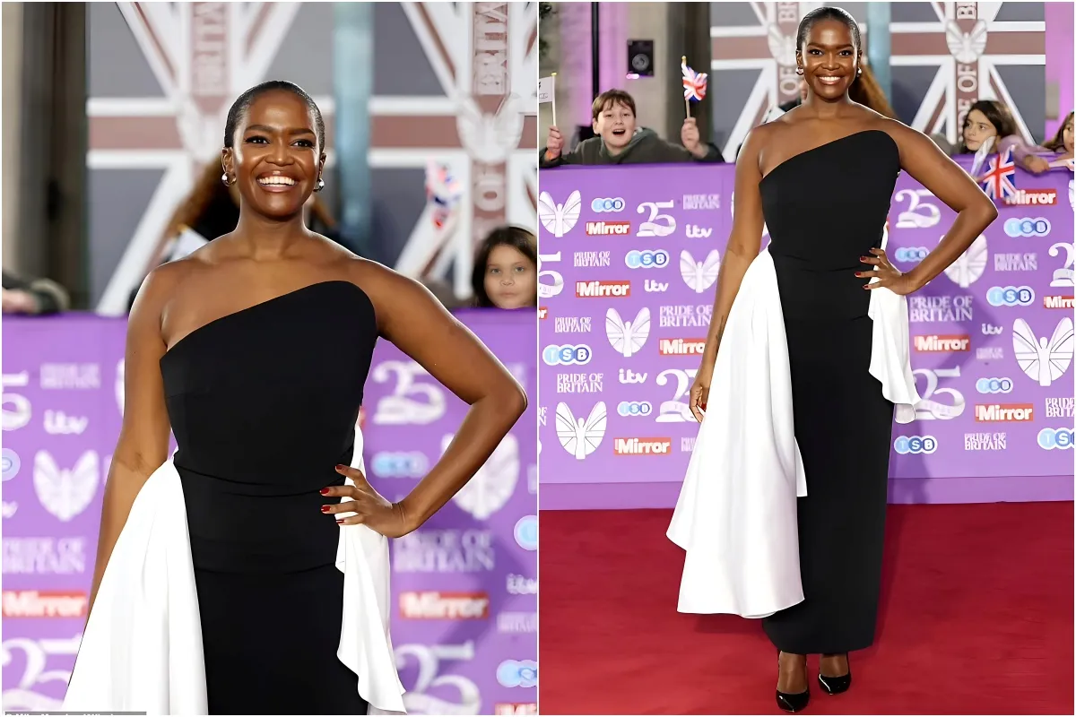 Oti Mabuse cuts a chic figure in a one-shouldered black dress with a dramatic white overskirt as she graces the Pride Of Britain awards red carpet liennhi