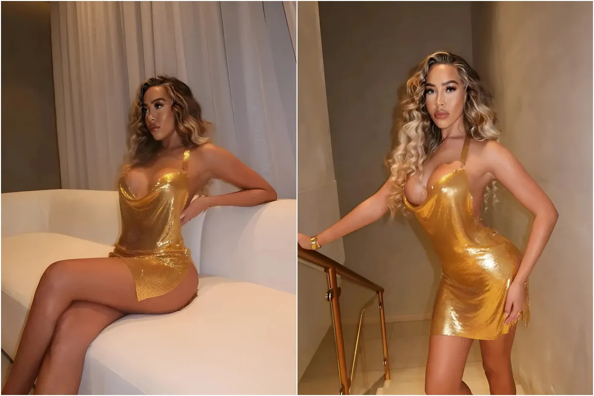 Towie’s Dani Imbert shows off the results of boob job and BBL surgery as she goes braless in barely-there gold dress liennhi