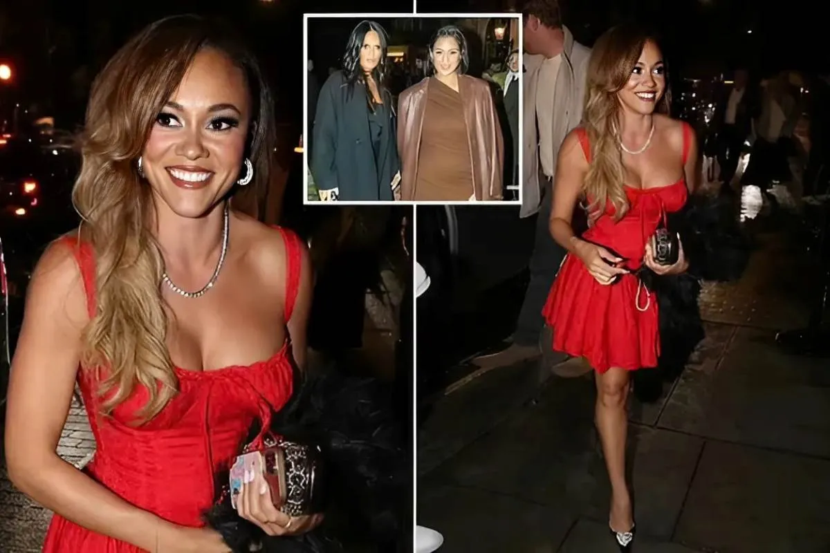 Real Housewives star Ashley Darby puts on a busty display in a red corset mini dress as she joins the cast for a night out in London during their whirlwind trip to the UK tram