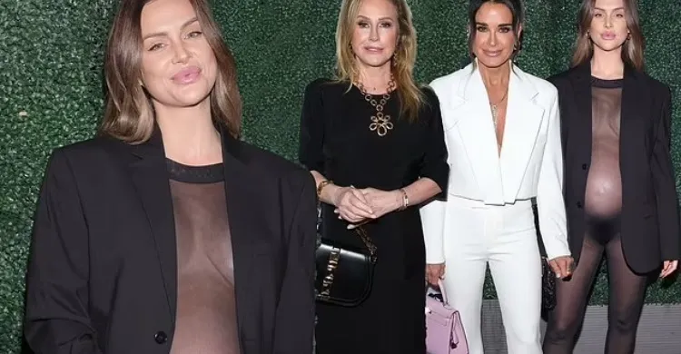 Pregnant Lala Kent turns heads showing off her baby bump in a risqué sheer jumpsuit as joins Kathy Hilton and Kyle Richards at star-studded Sutton Green fashion show