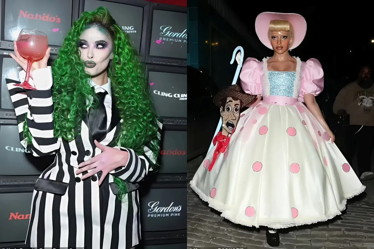 Maya Jama transforms into Beetlejuice for her annual star-studded Halloween bash while Jade Thirlwall steals the spotlight as Little Bo Peep and Paloma Faith stuns as a zombie cheerleader ngocc