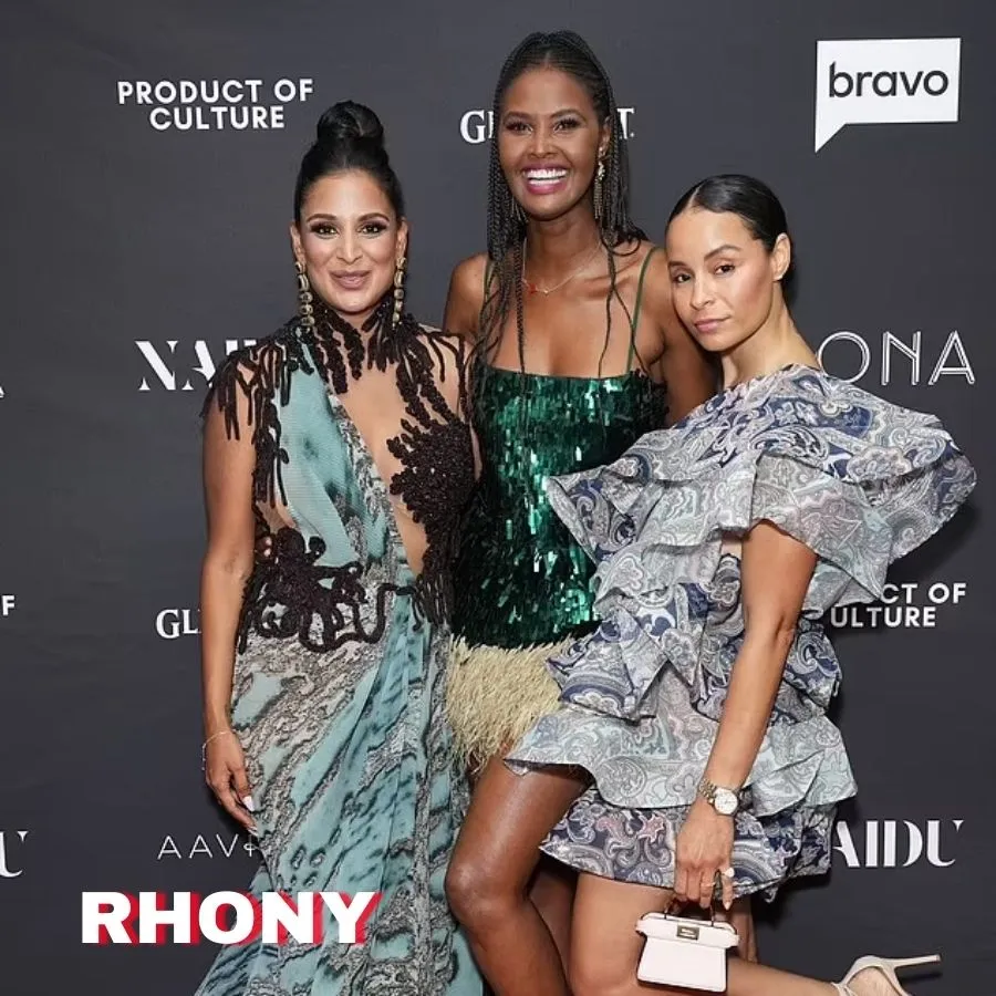 Jessel Taank and Sai De Silva are pretty in patterned gowns as they lead stars celebrating reboot of The Real Housewives Of New York City