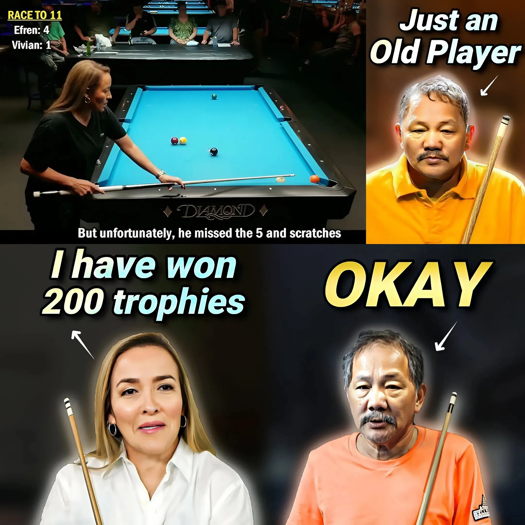 Extremely quality: Efren Reyes undertook the number one world confident, Vivian Villareal, in this monumental Ball 9 match. With incredible shots, strategic steps and spectacular photos as you have never seen before, this match is really a scene!