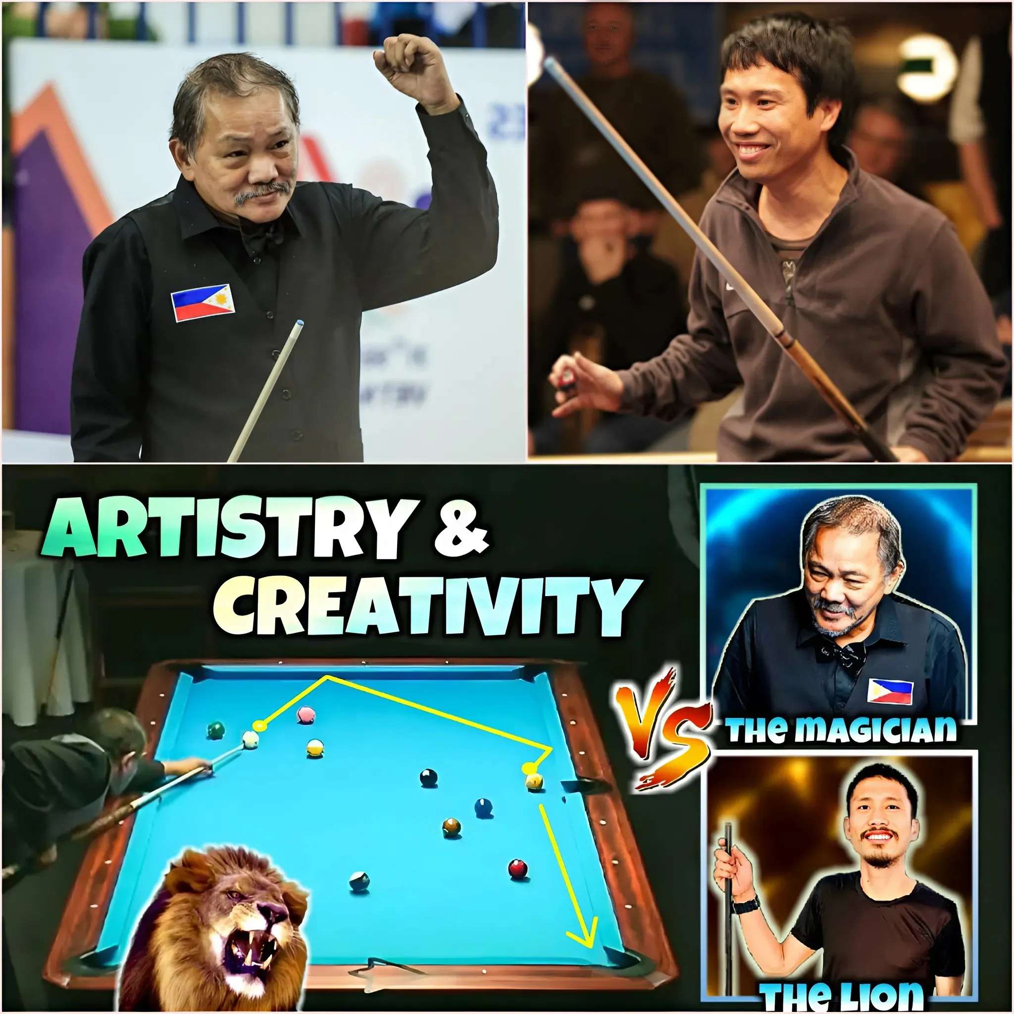 Efren "BATA" Reyes and "THE LION" Alex Pagulayan are two of the most renowned Filipino pool players in the world.Their skills, mastery, and creativity on the pool table have captivated audiences and inspired countless aspiring players