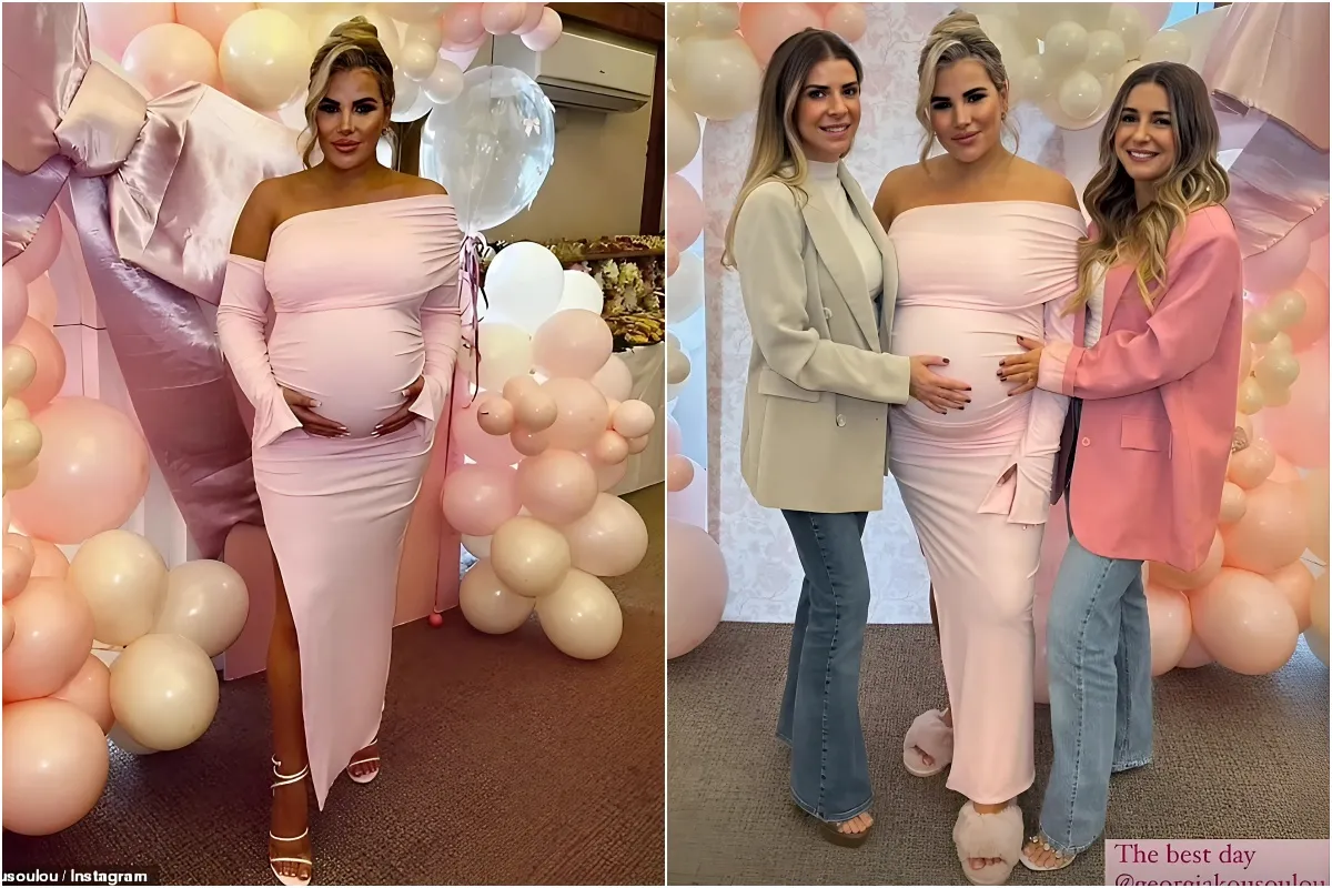 Georgia Kousoulou shows off her bump in skintight pink dress as she celebrates her daughter's upcoming birth with 'dream baby shower' surrounded by her fellow TOWIE pals liennhi