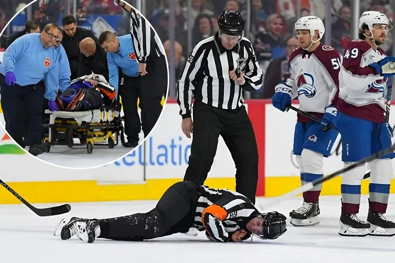 NHL referee Mitch Dunning stretchered off after scary collision during Flyers-Avalanche game