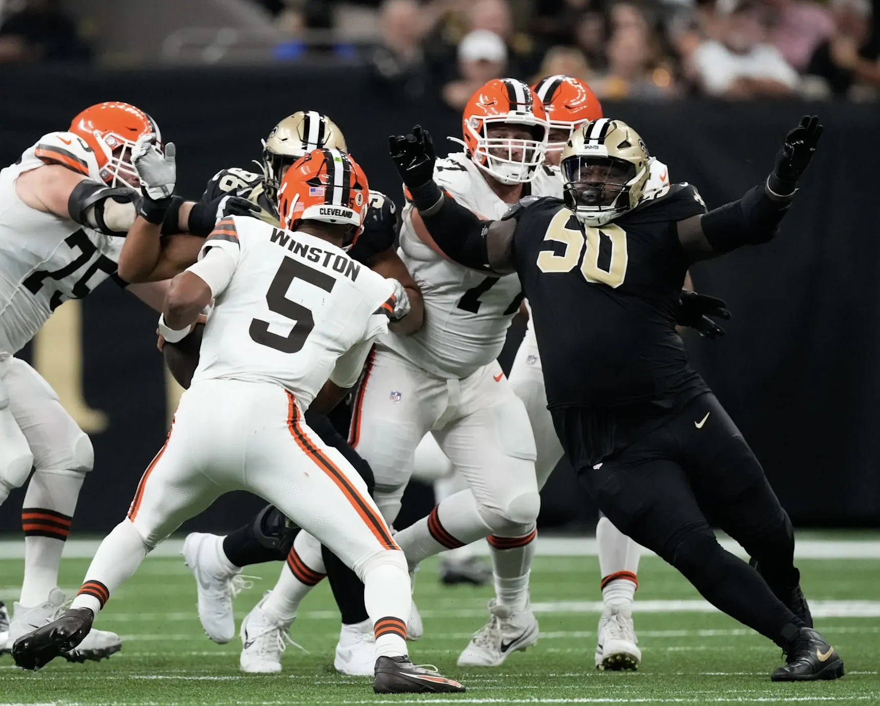 Saints rookie tackle Taliese Fuaga used Myles Garrett to send a message to the league