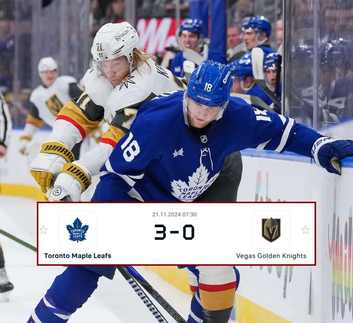 Golden Knights shut out for first time this season in 3-0 loss to Maple Leafs