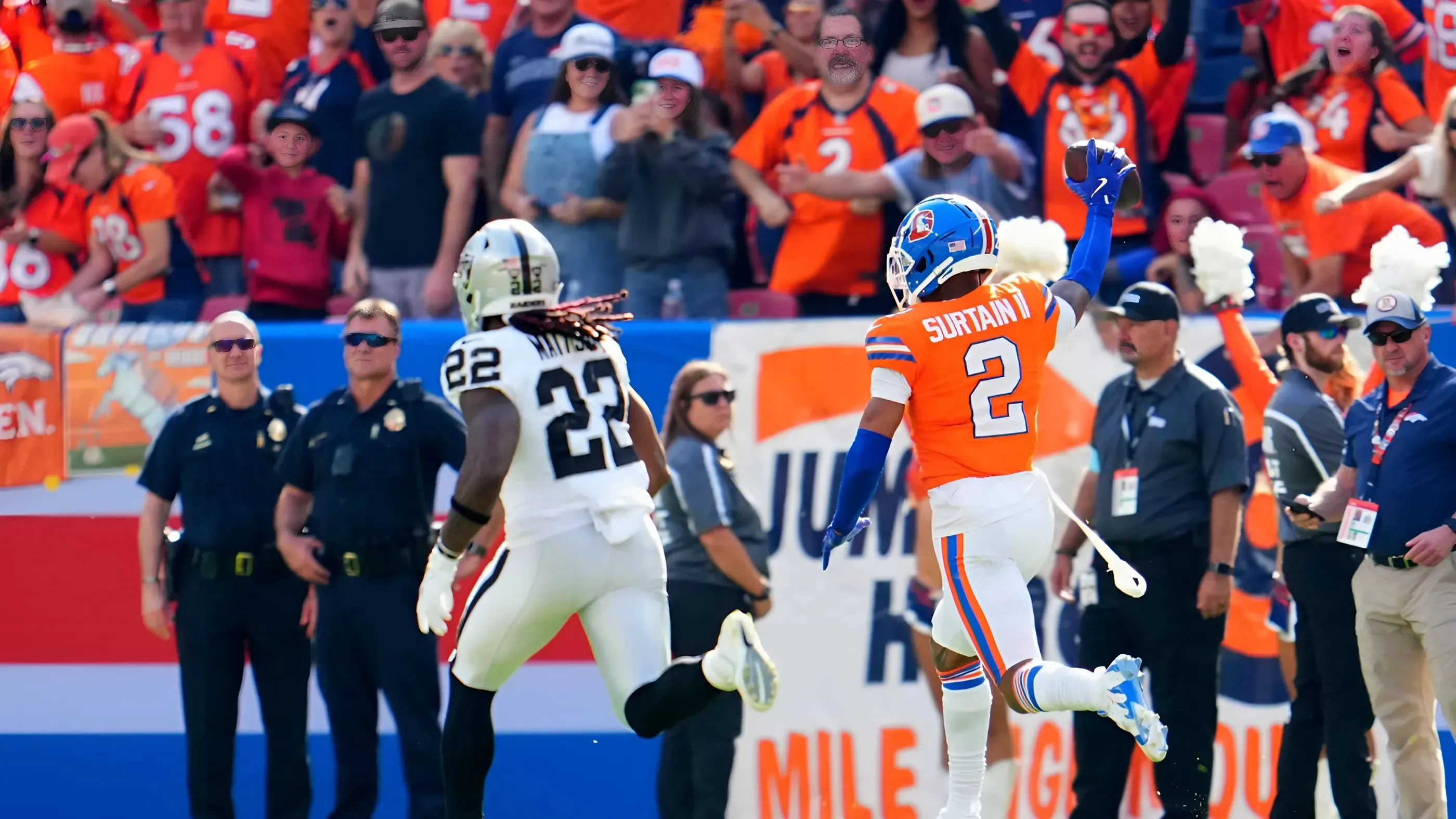 Who are the announcers and referees for Broncos vs. Raiders today?