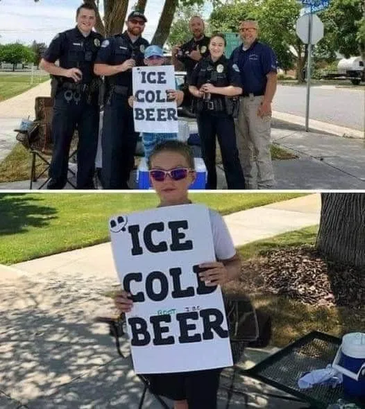 Police are called on boy selling ‘Ice Cold Beer’ but his clever sign has them laughing