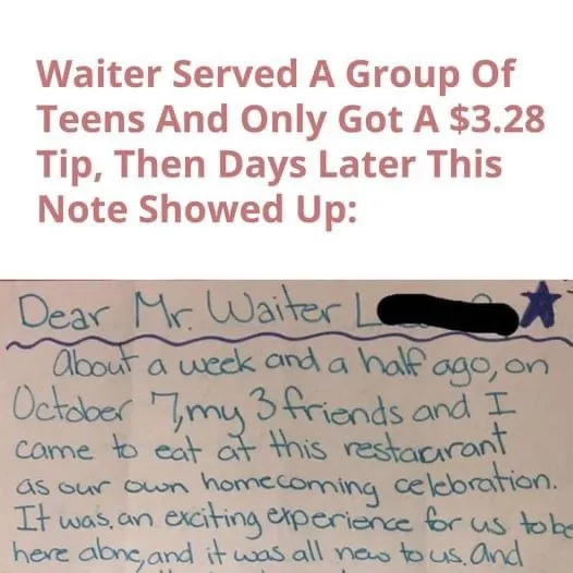 Waiter frustrated with $3.28 tip. Eyes go wide receiving unexpected letter days later