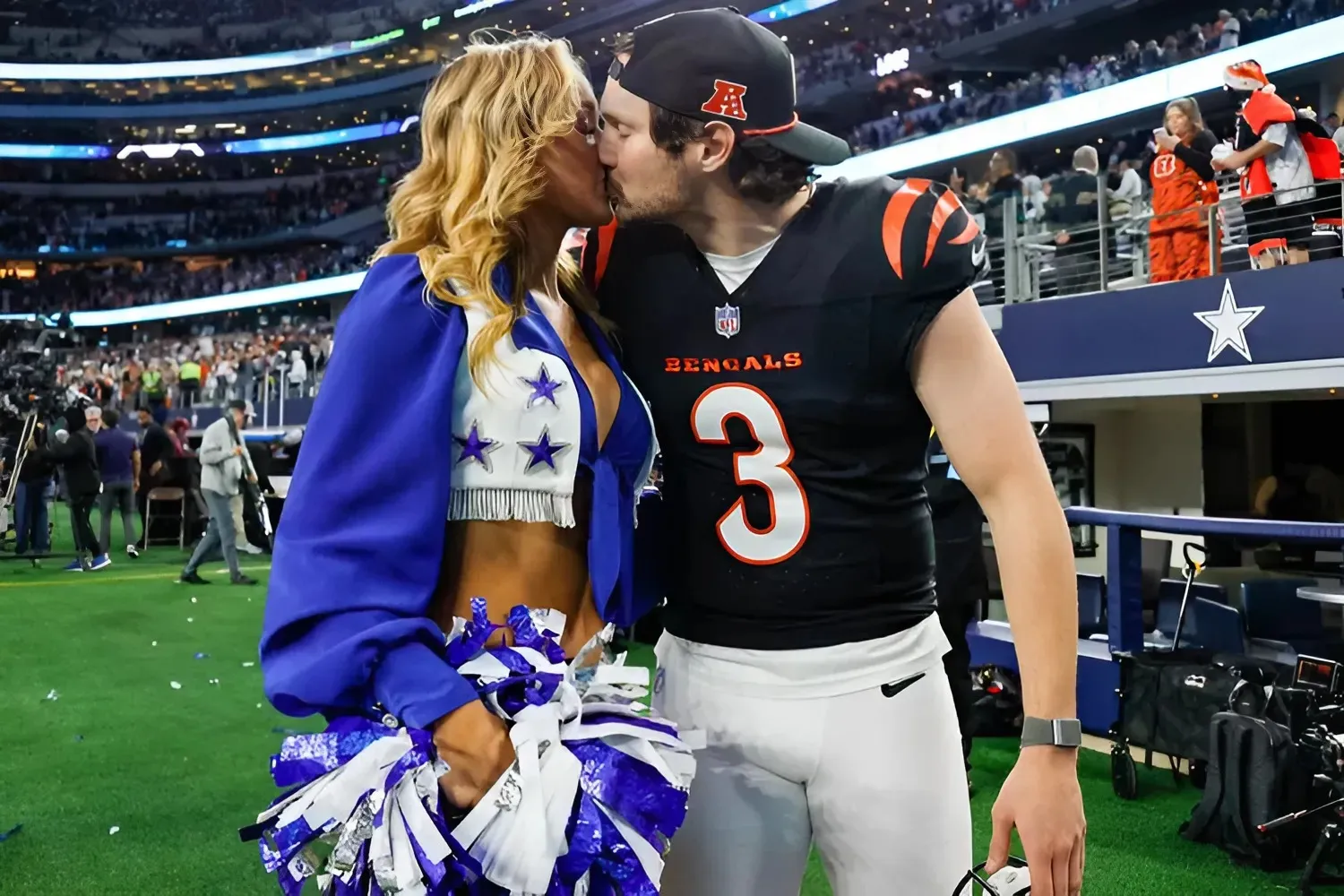 Bengals Kicker Cade York Kisses His Dallas Cowboys Cheerleader Girlfriend Zoe Dale After Winning MNF Game