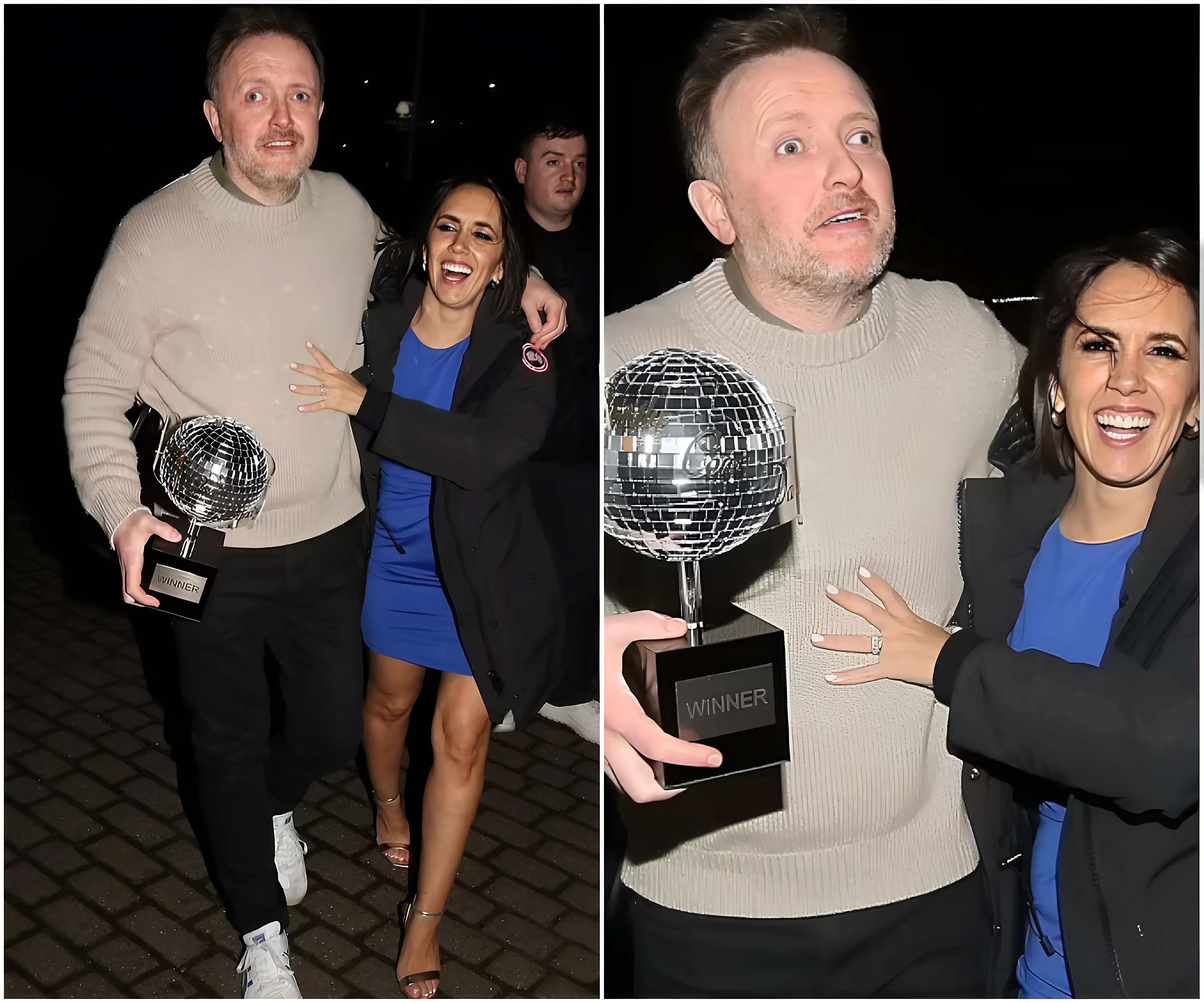 Strictly winner Chris McCausland celebrates until the early hours as he clutches his Glitterball Trophy while leading the show afterparty leavers with former pro Janette Manrara - suong