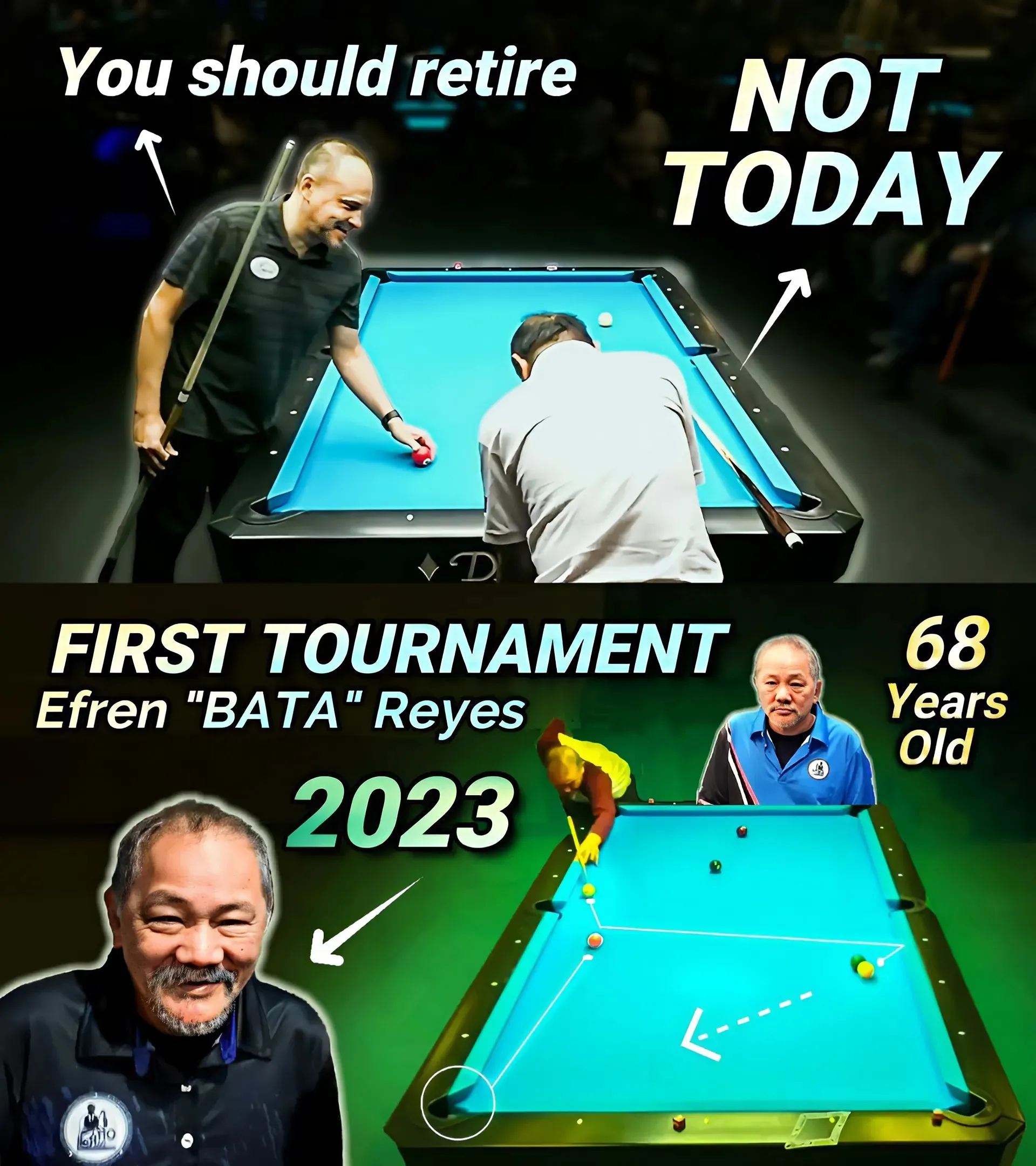 This is awesome, billiards fans. I thought Efren Reyes would have a hard time because of the young shooters in America. I was wrong because look at the performance the 68 year old magician showed in this match!