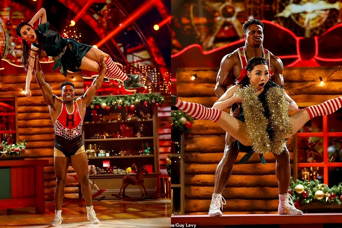 Gladiators star Harry Aikines-Aryeetey admits it's 'nice to wear sequins' for Strictly's Christmas special as he slips his muscles into a bejewelled bodysuit and lifts partner Nancy Xu above his head during showstopping routine liennhi