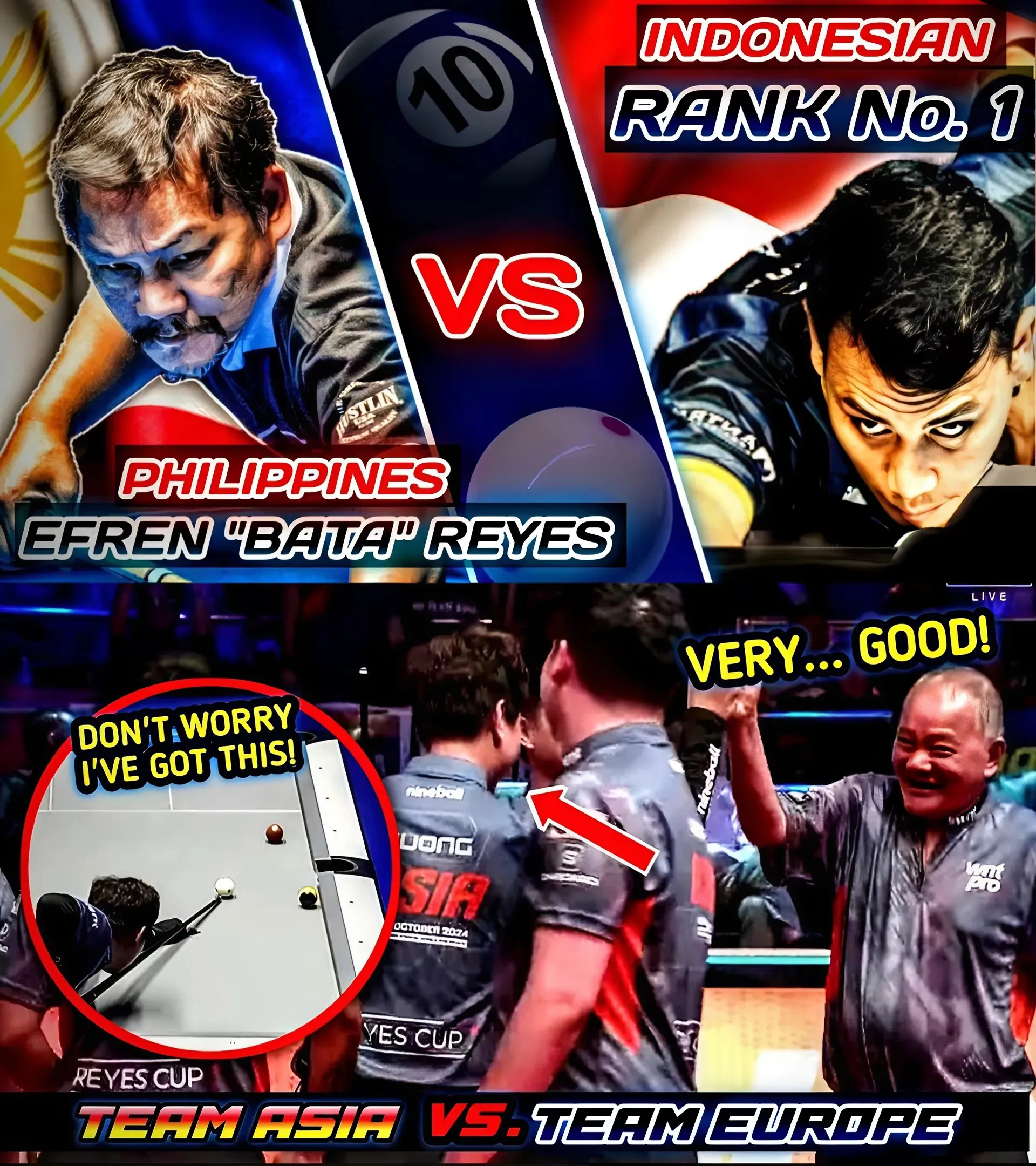 Ultimate Battle: Asia Faces Europe In Dramatic Match At The First Efren Reyes Cup - Exciting 9-Ball Moments! Ultimate Battle: Asia Faces Europe In Dramatic Match At The First Efren Reyes Cup - Exciting 9-Ball Moments!