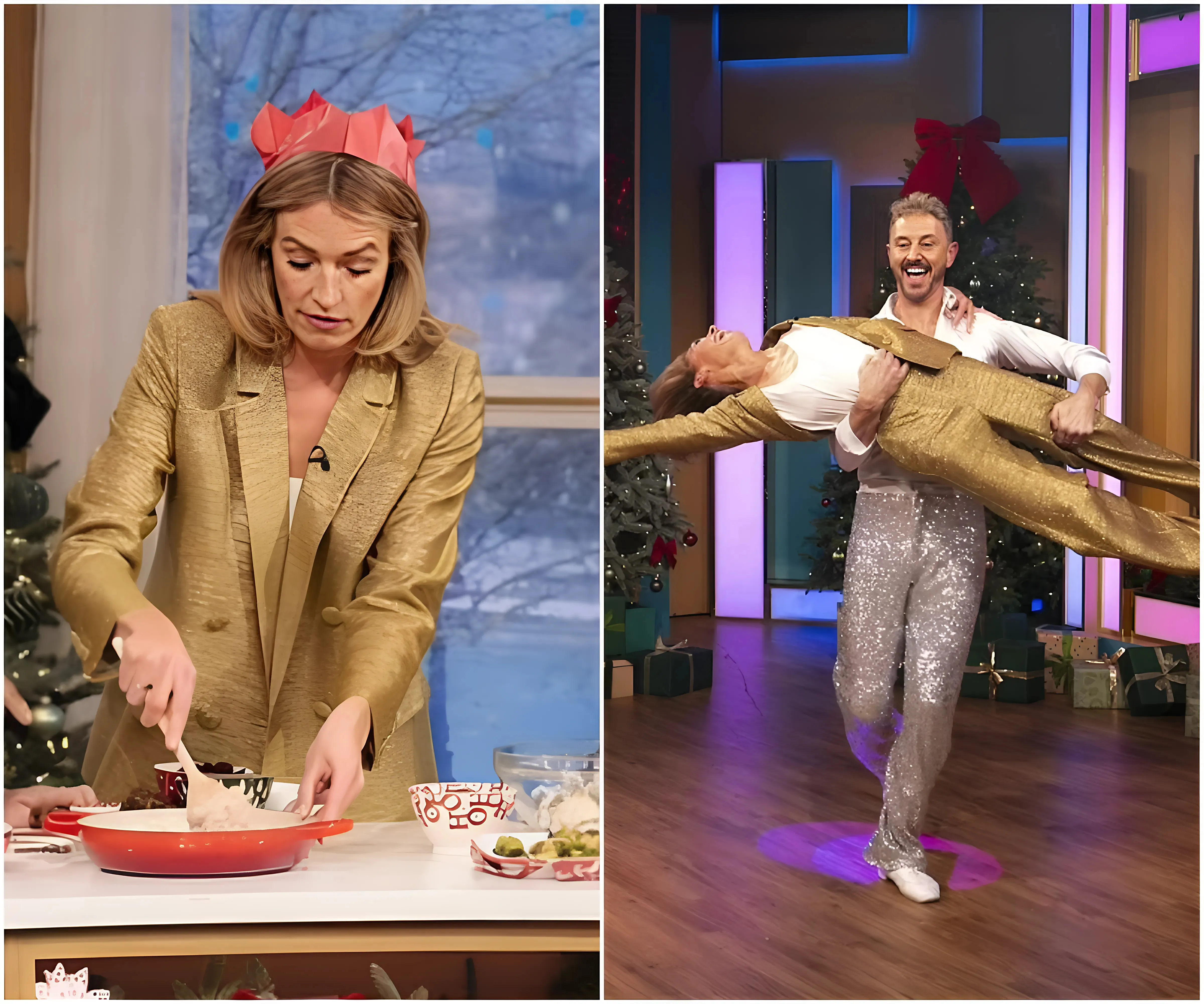 Cat Deeley is lifted off her feet as she is treated to a surprise dance with former Strictly star Ian Waite during This Morning Christmas special - suong