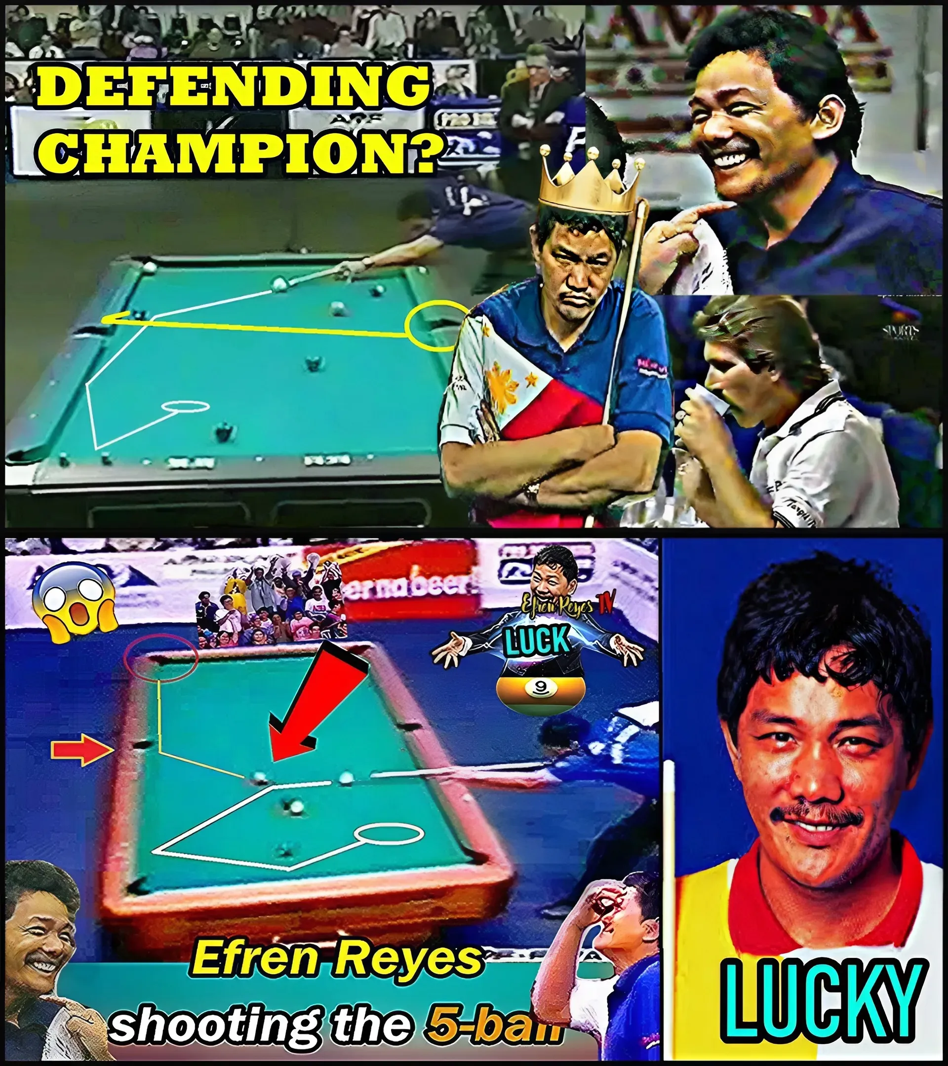 Efren Reyes maybe the luckiest player on earth. He says it all the time but who knows how really lucky he is. This match is an example and an evidence of how really lucky is the Filipino magician.