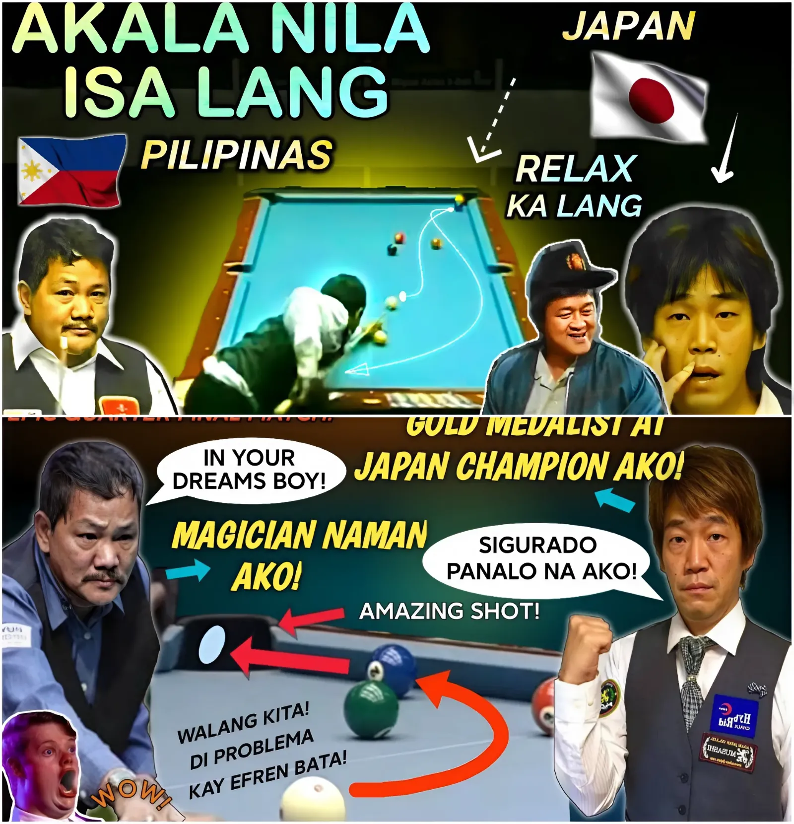 Japan's gold medal throw champion is confident he will overcome billiards legend Efren Bata in the upcoming quarter-finals. Japan's gold medal throw champion is confident he will overcome billiards legend Efren Bata in the upcoming quarter-finals.