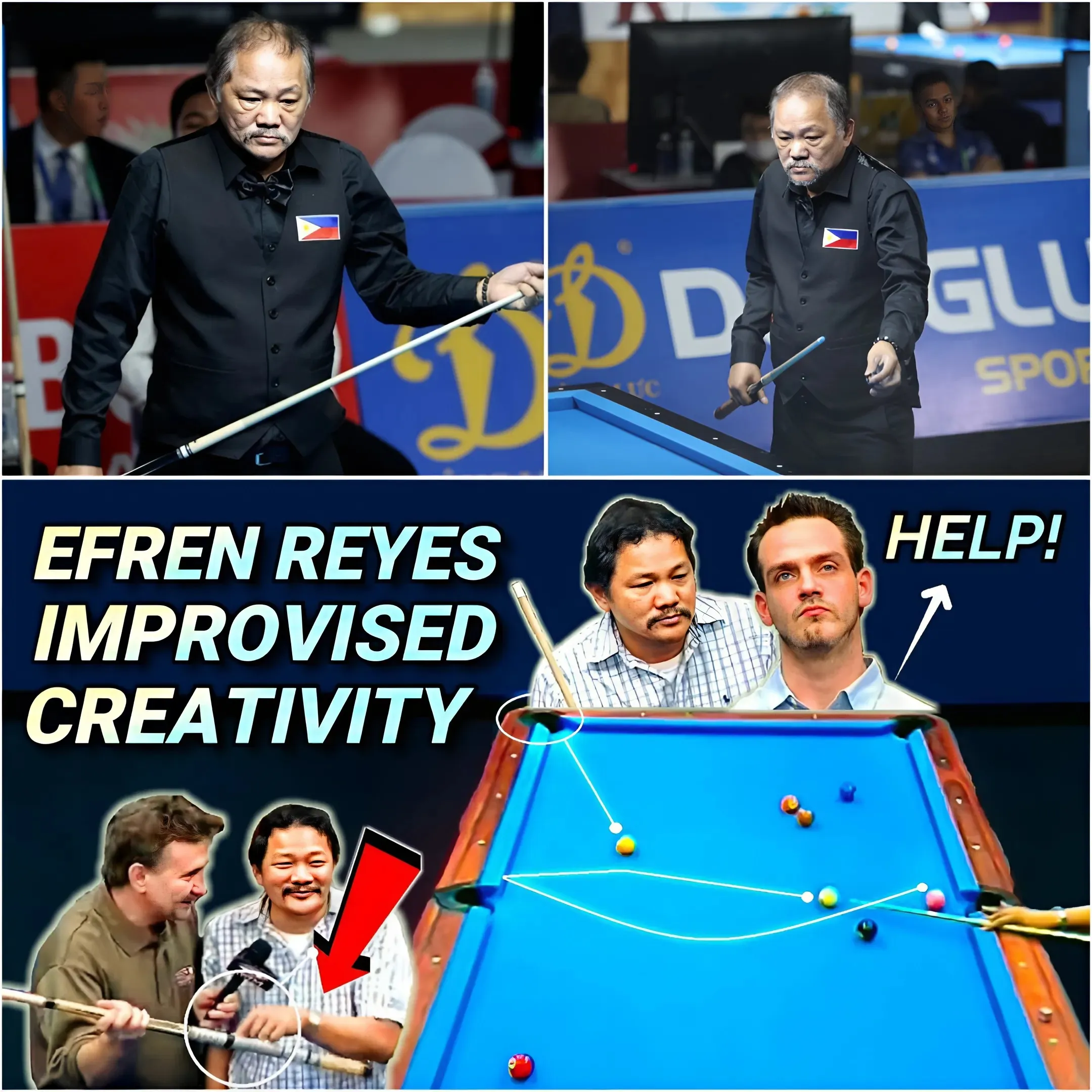 Dramatic Battle: Efren Reyes Shines With His High-End Pool Style and Creativity With His Homemade Cotton Grip!