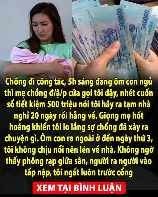 Chồng đi công tác, mẹ chồng bỗng đưa cho tôi 500triệu, mặt t:ái sắc rồi nói tôi hãy ra khách sạn ở tạm 20 hôm rồi về