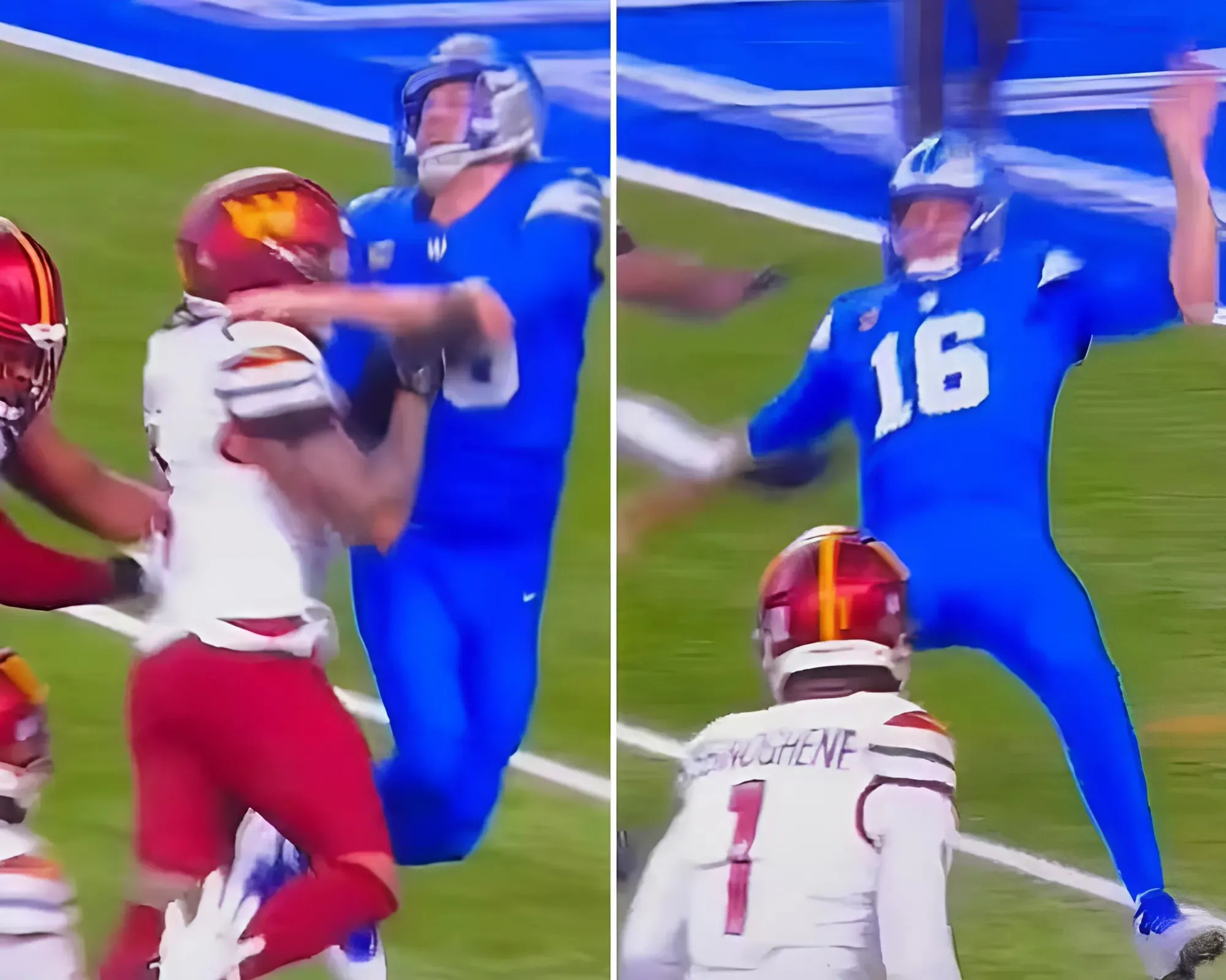 Brutal moment Detroit Lions QB Jared Goff crushed after throwing a pick six vs Commanders