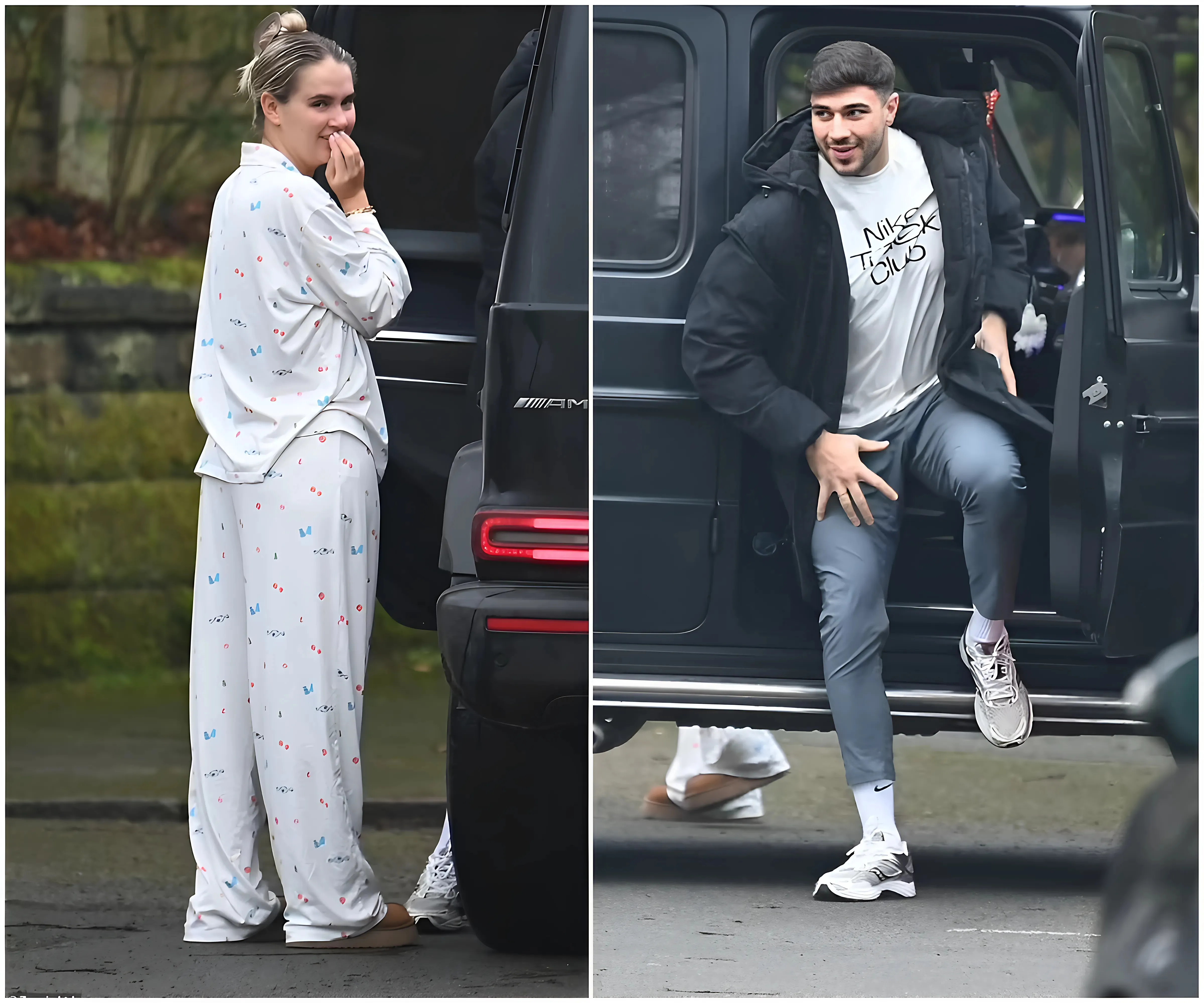 Molly-Mae Hague steps out in her pyjamas as she waves off ex-fiancé Tommy Fury outside her £4m Cheshire home - before reuniting for daughter Bambi's birthday - suong