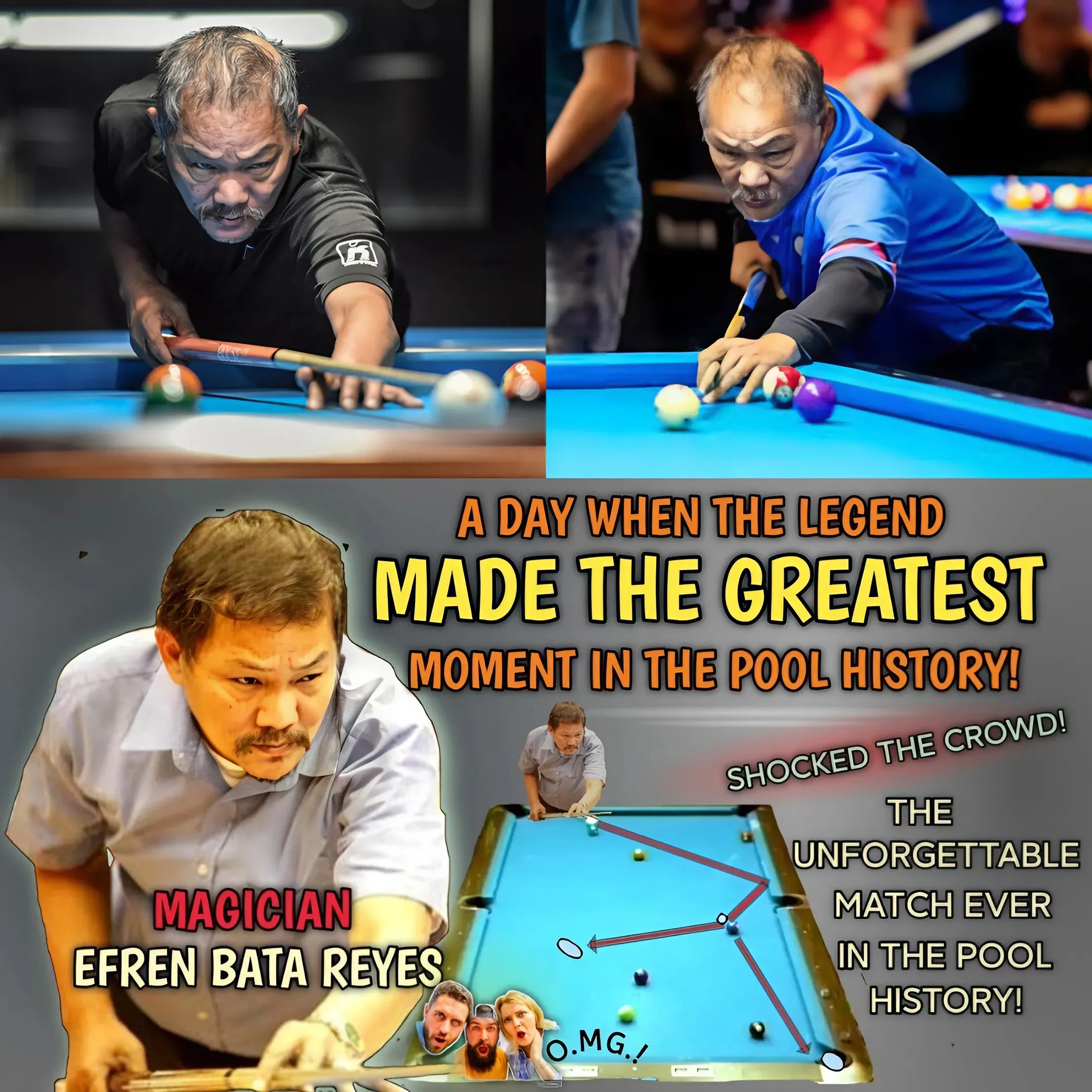 🔥 When The Day the Legend Efren Bata Reyes shocked the crowds and fans of the pool on his incredible shots and greatest performance ever against the no.1 pool player of the USA in a very exciting hill-hill final match.