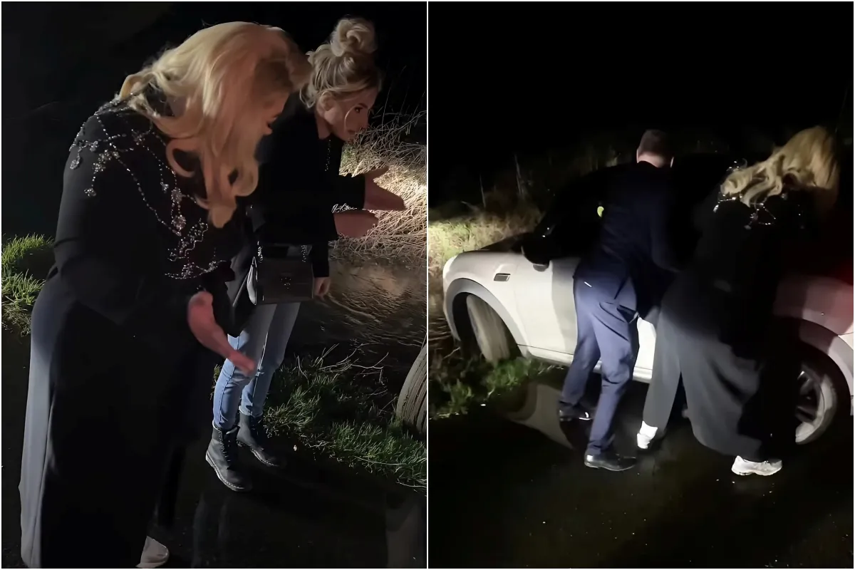 Gemma Collins pushes a CAR out of a DITCH as she rescues a stranded woman while wearing a ball gown ngocc