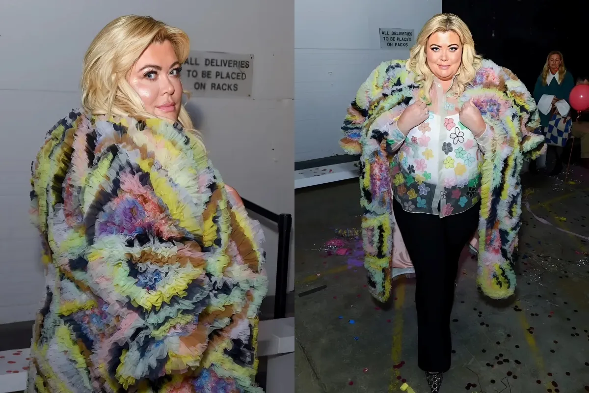 Gemma Collins catches the eye in a colourful ruffled coat as she poses up a storm at the Ashish London Fashion Week show liennhi