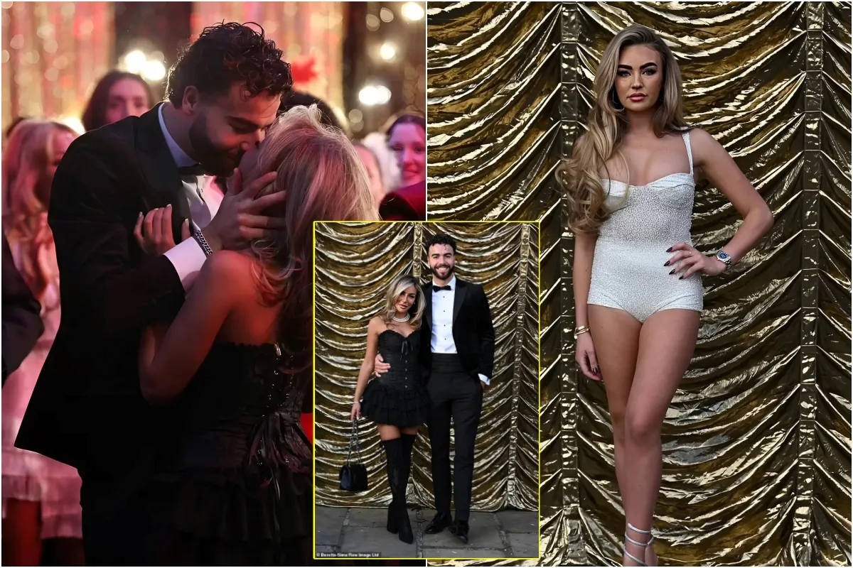 TOWIE's Elma Pazar shares a smooch with boyfriend Sammy Root as they join leggy glamorous Ella Rae Wise at Cabaret-themed bash in Essex ngocc