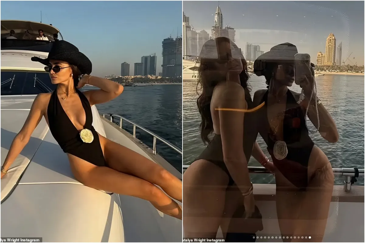 Natalya Wright shows off her jaw-dropping figure in a daring swimsuit as she coordinates with sister Jess during luxury yacht trip in Dubai ngocc