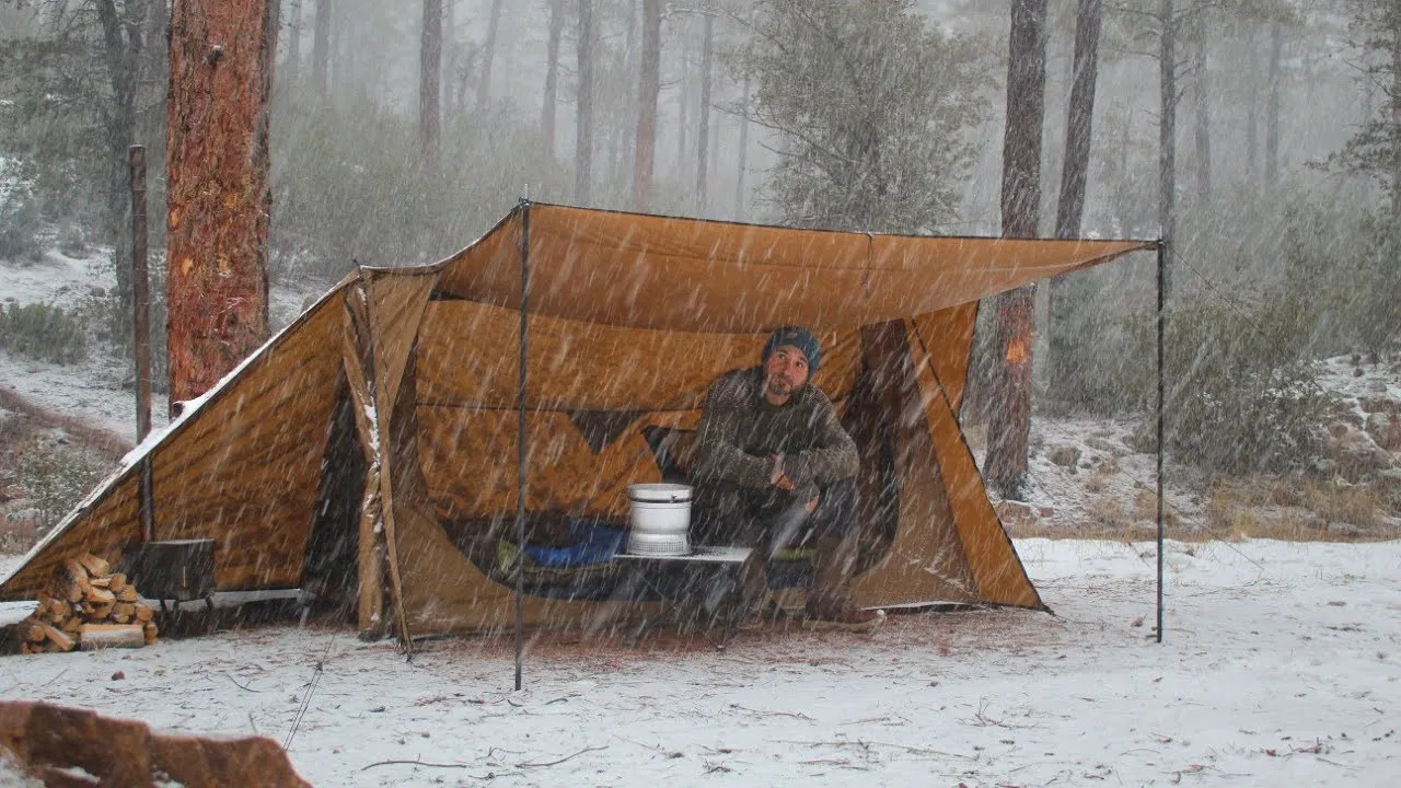Winter Camping with a Wood Stove and a Solo Hot Tent in a Snowstorm ASMR
