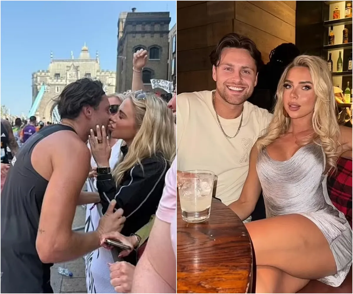 Gabby Allen kisses boyfriend Casey O'Gorman from the crowds as he runs the London Marathon - after finally making their relationship official - suong