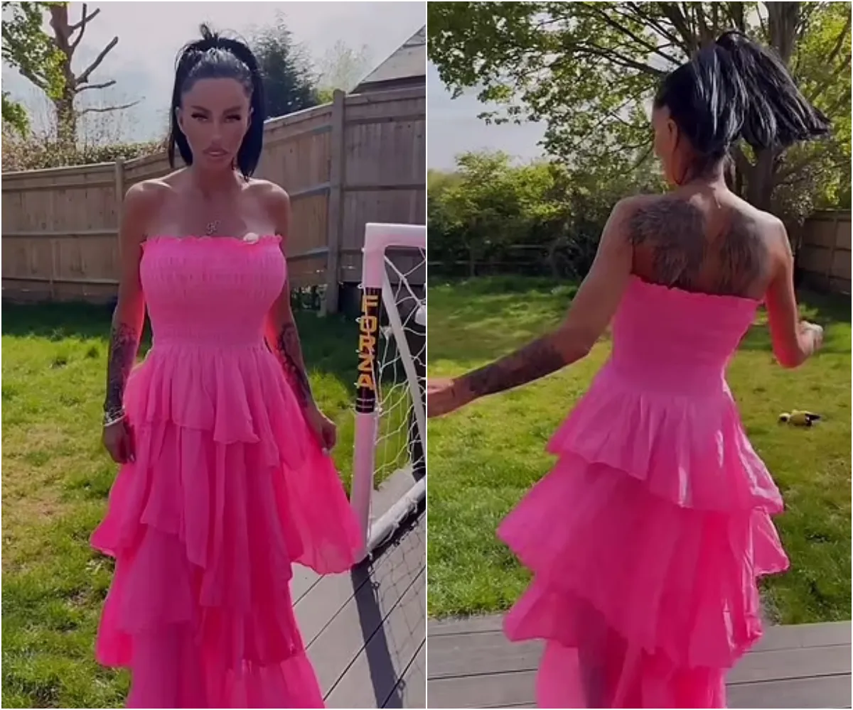Katie Price shows off her very taut visage and slim frame as she models a strapless pink dress after sparking concern following weight loss - suong