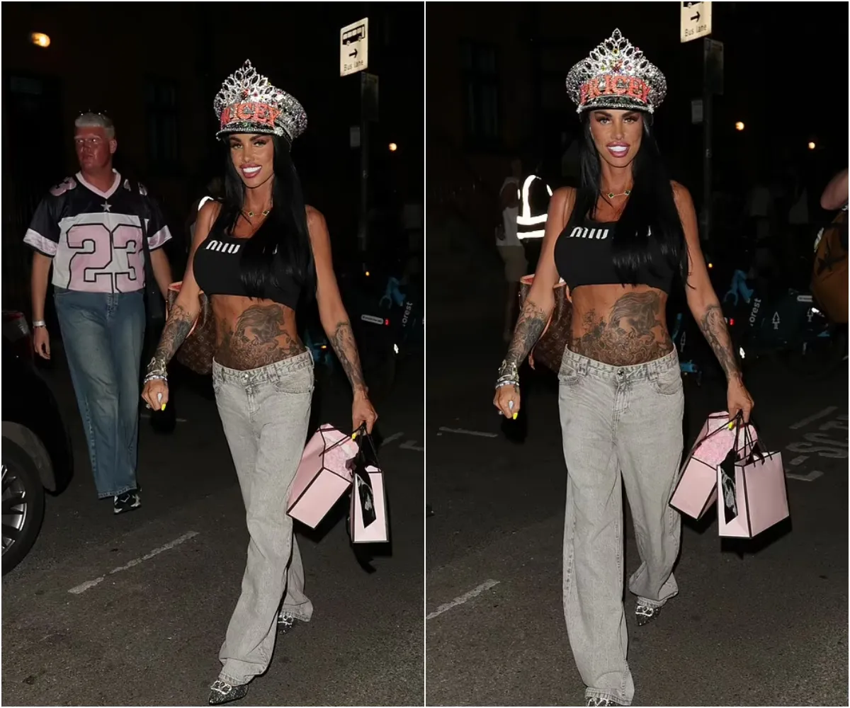 Katie Price flaunts her toned abs in Miu Miu black crop top and 'Pricey' crown after performance at Clapham Grand - suong
