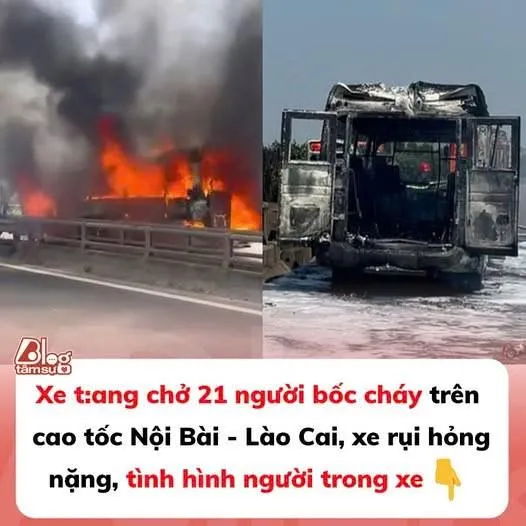 Xe tang chở 21 người bốc cháy trên cao tốc Nội Bài - Lào Cai