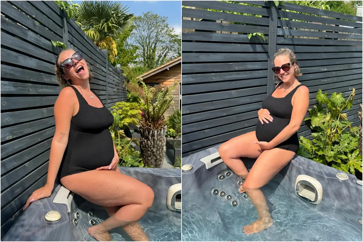 Pregnant Kelsey Parker shows off her growing baby bump in black swimwear as she enjoys the Bank Holiday ngocc