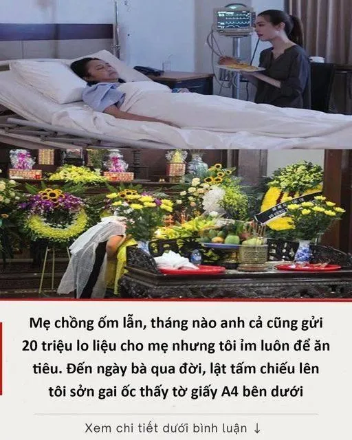Mẹ chồng ốm lẫn, tháng nào anh cả cũng gửi 20 triệu lo liệu cho mẹ nhưng tôi ỉm luôn để ăn tiêu. Đến ngày bà qua đời, lật tấm chiếu lên tôi sởn gai ốc thấy tờ giấy A4 bên dưới