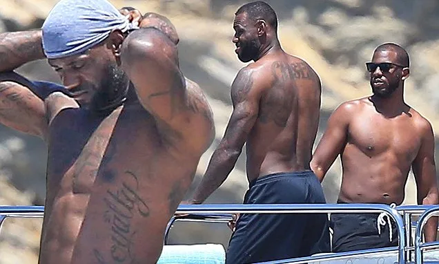 LeBron James shows off his muscles with basketball players Chris Paul and Dwyane Wade while enjoying water fun in Ibiza after winning 2024 Olympic gold medal