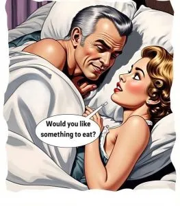 F. A woman asks her husband at breakfast time