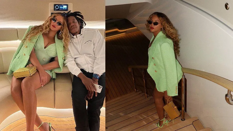 Beyonce highlights her toned thighs in a little green dress as she toasts to the high life while living up on Jeff Bezos' $500M mega yacht✨🥂