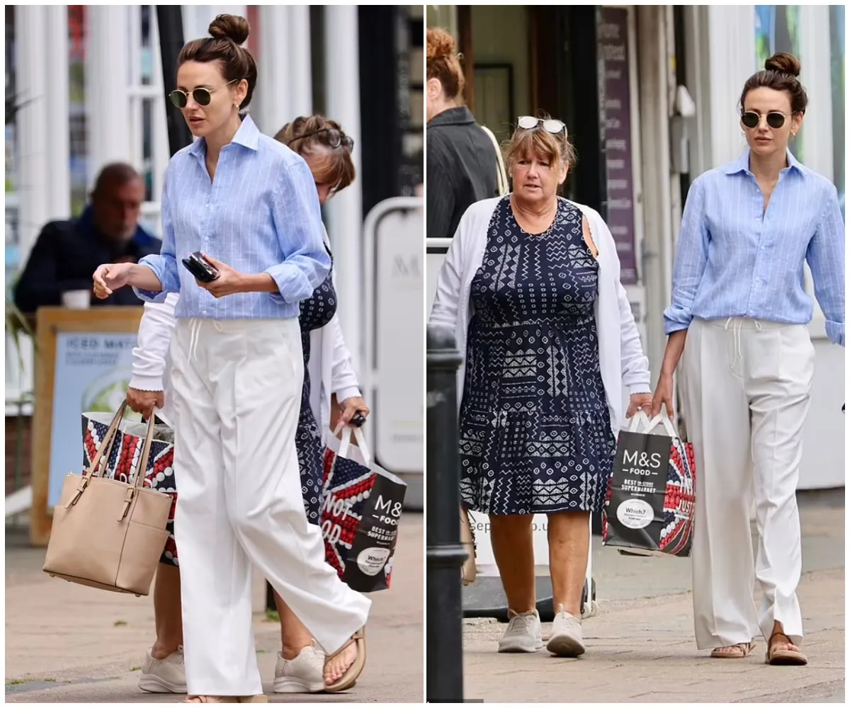Not so Brassic! Michelle Keegan cuts a stylish figure in striped shirt and drawstring trousers as she stocks up on essentials at her local M&S – after welcoming baby Palma and settling into £3.5m Essex mansion - suong