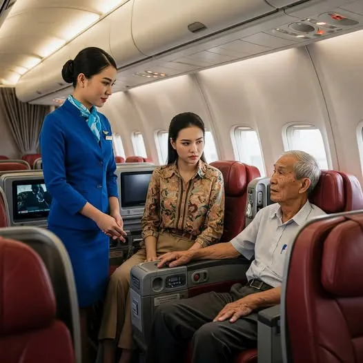 Một cô gái trẻ giàu có ngồi cạnh một cụ ông ngh/èo trên máy bay