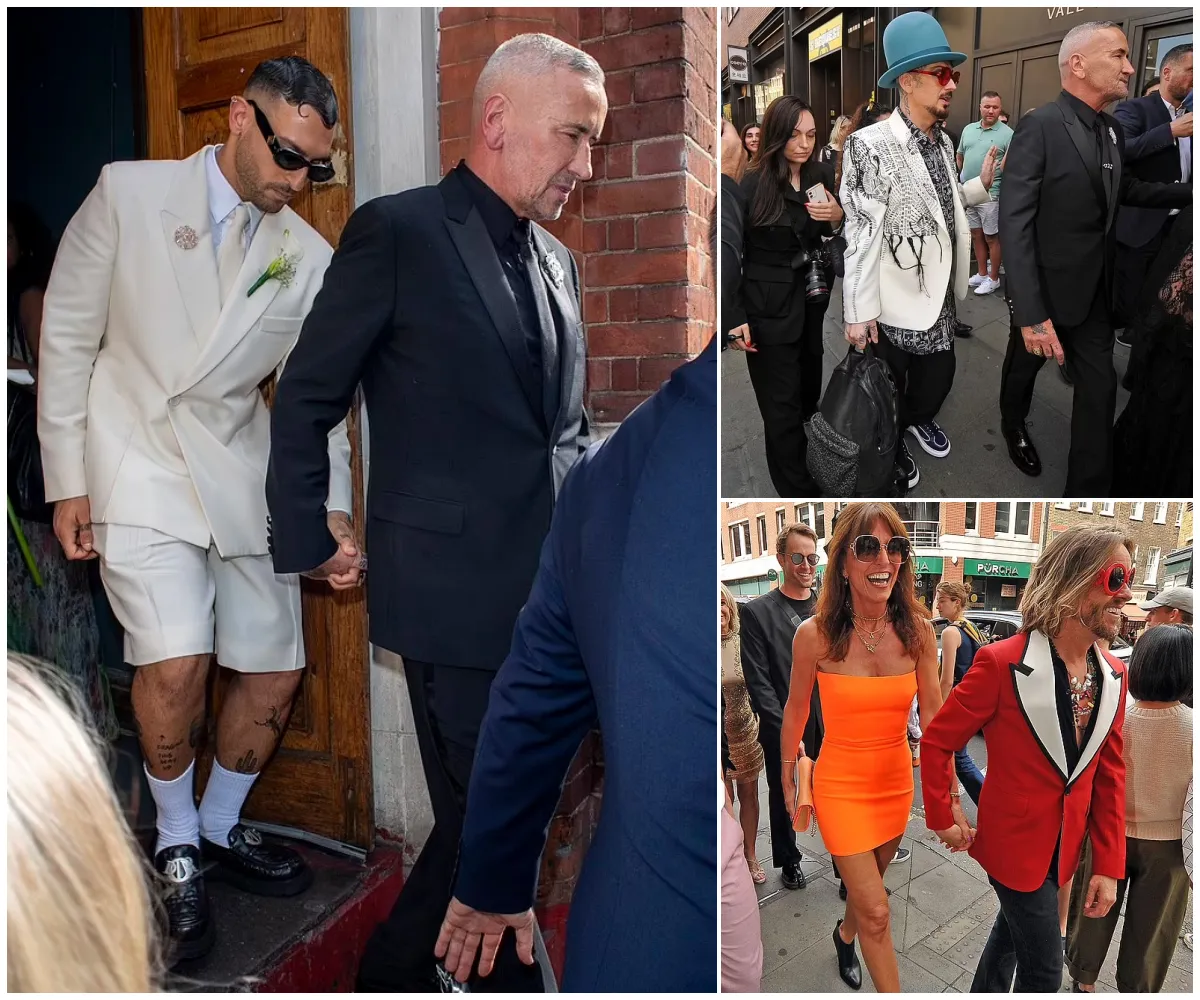 Fat Tony is MARRIED! Iconic DJ, 58, weds 32-year-old Stavros Agapiou in star-studded London ceremony featuring Boy George as best man, Davina McCall in bright orange, Gemma Collins as bridesmaid - suong