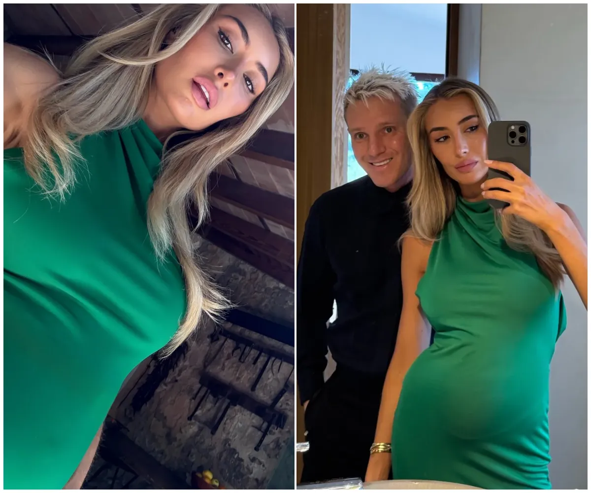 Sophie Habboo STUNS in green as she debuts baby bump for the first time – glowing mum-to-be shares emotional snaps just hours after pregnancy reveal with Jamie Laing! - suong
