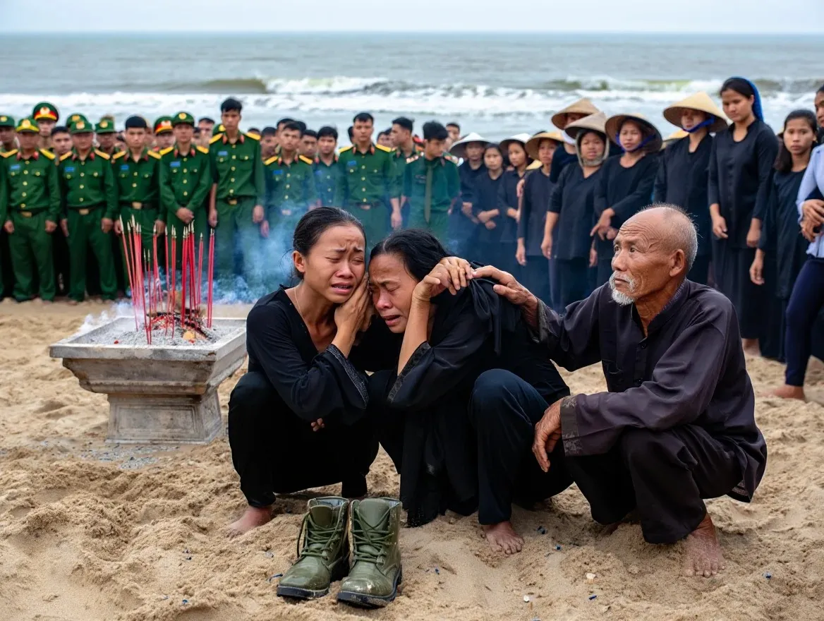 Người chồng làm bộ đội hy s/inh trong lúc cứu 5 đứa tr-ẻ bị đ/uối n/ướ/c, v/ợ đứng trước biển gọi lớn "Chồng ơi, em và con vẫn đứng dây chờ anh về mà", đúng lúc này tất cả phải chế/t lặng trước cảnh tượng.