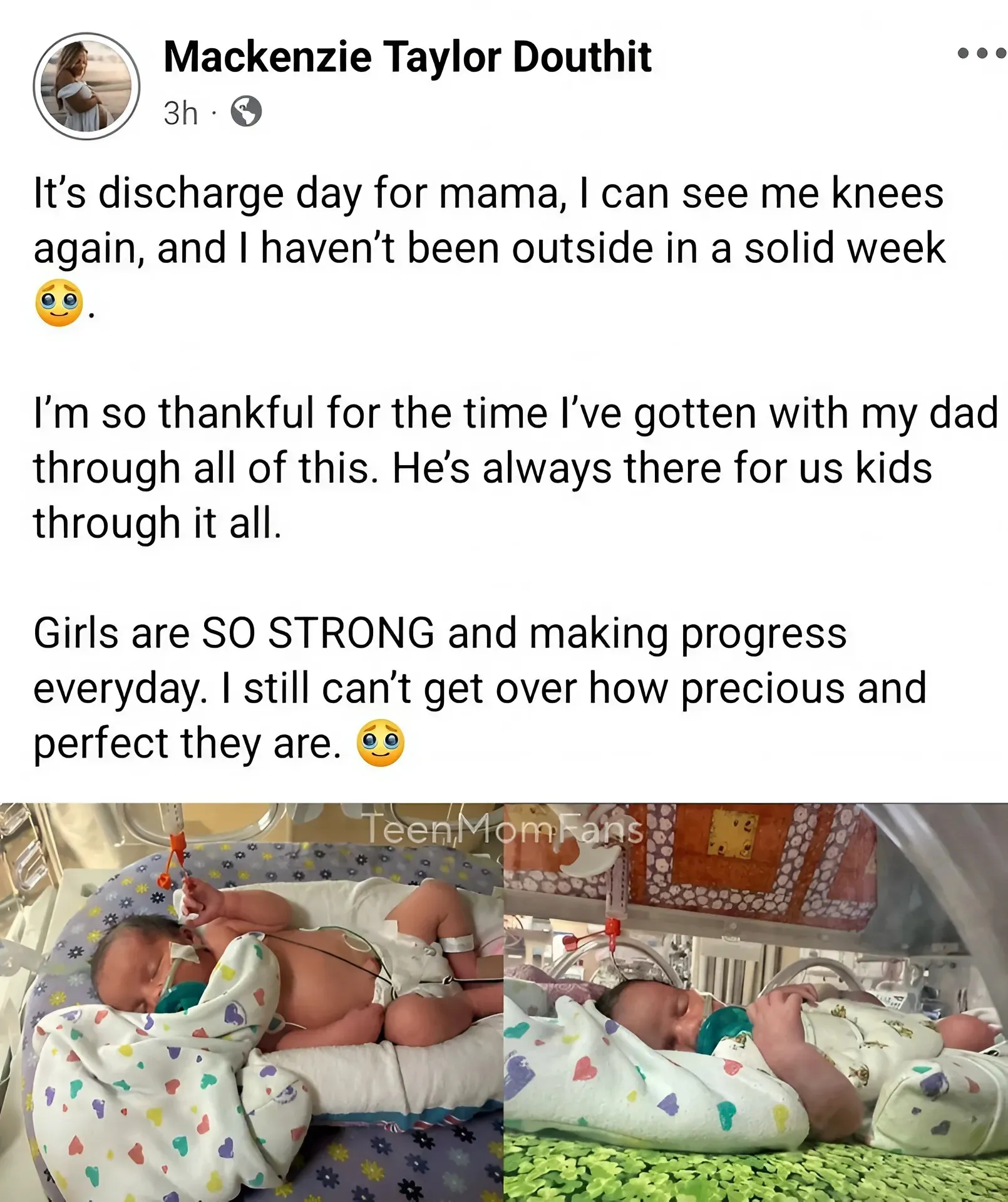 Mackenzie was discharged from the hospital this morning. She's been home recovering from her c-section. The babies are still in NICU. But doing well.